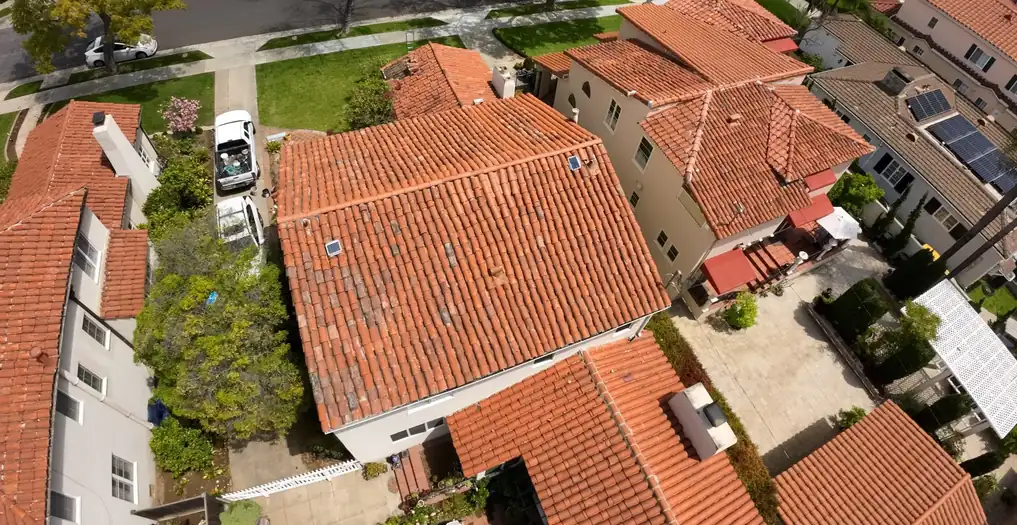 Terracotta tile roof viewed from above